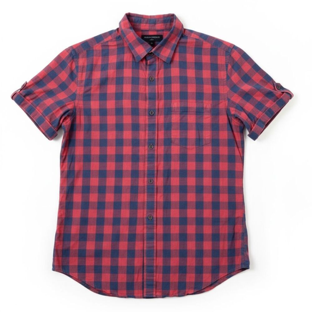 Banana Republic Slim Fit Men M Short Sleeve Plaid Button Up Shirt Red